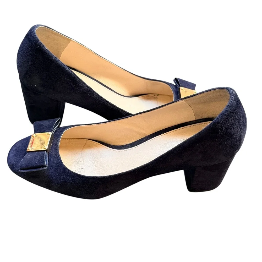 Cole Haan Womens Tali Bow Block Heel Pump Blue Suede Feminine Career Size‎ 7B